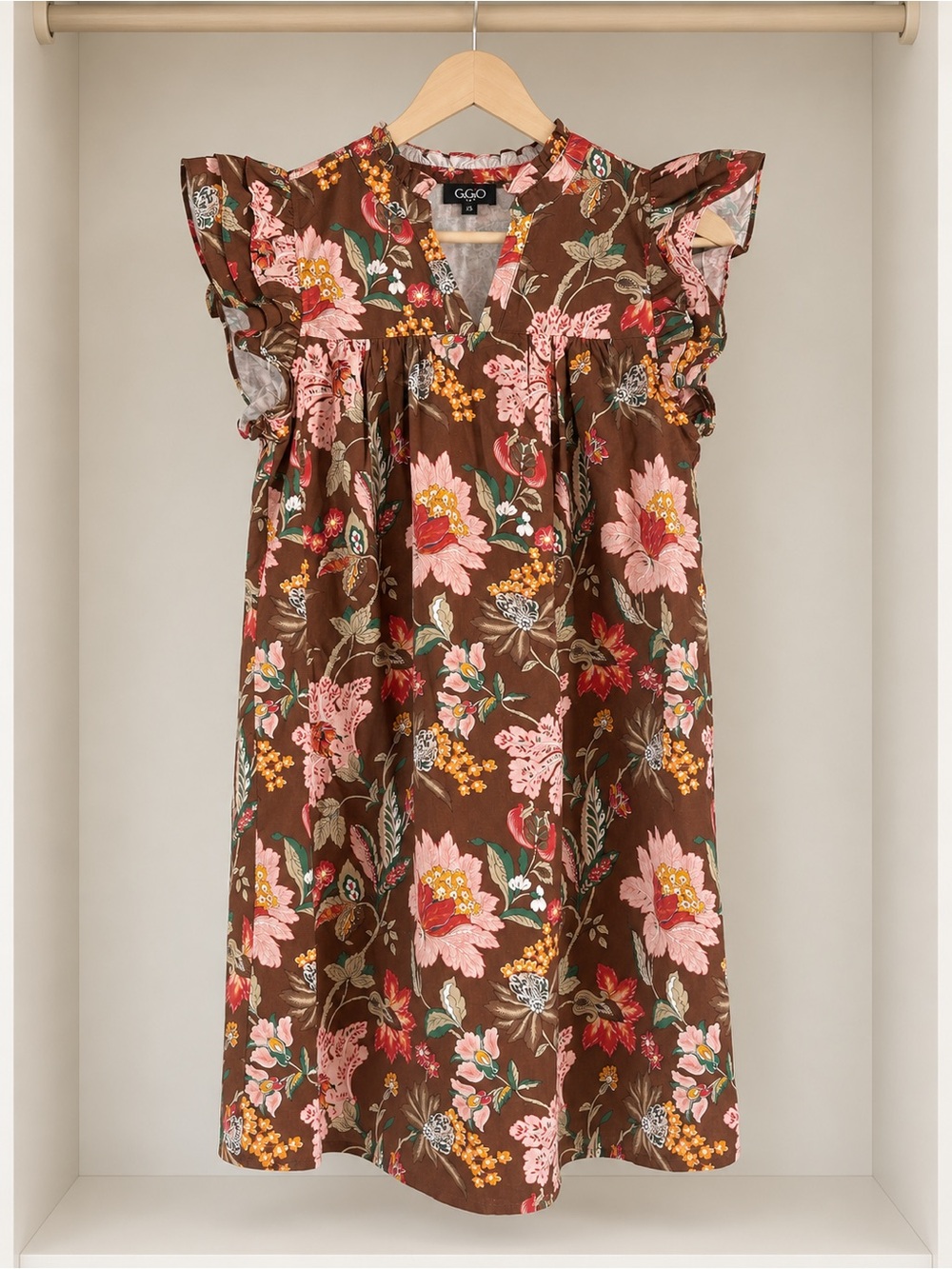 Brown Floral Flutter-Sleeve Women’s Dress XS new B-23